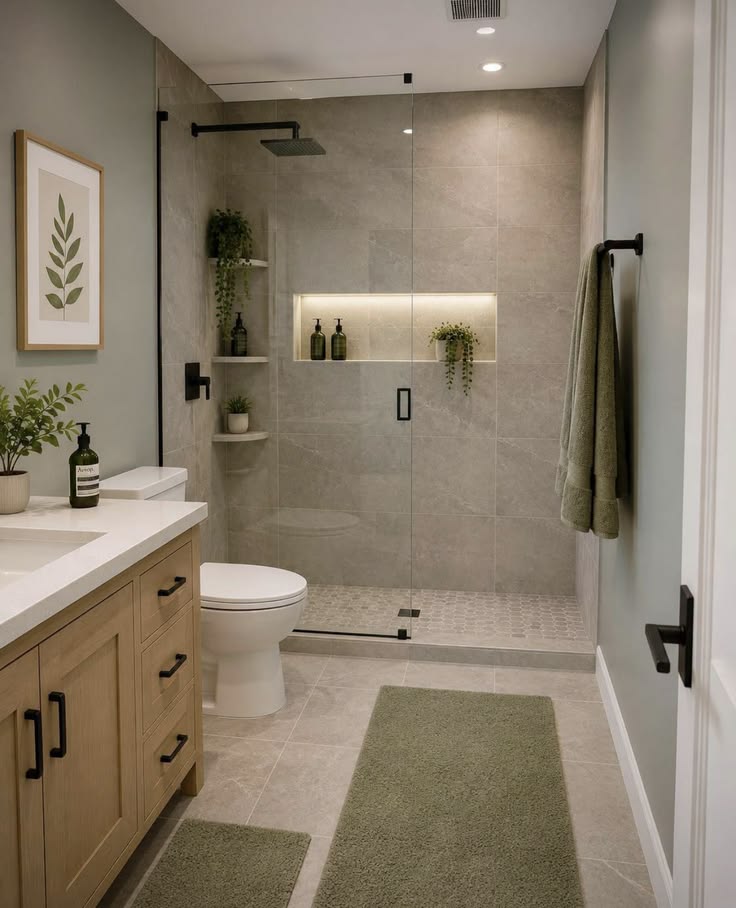 Tiled walk-in shower with lit niche